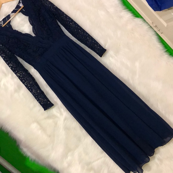 Navy Blue Long Sleeve Lace Maxi Dress - Picture 4 of 6